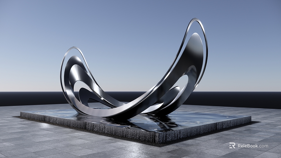 Modern Silver Metal Sculpture Curved Wave Design Placed on Water Platform with Blue Sky Background 3d model 