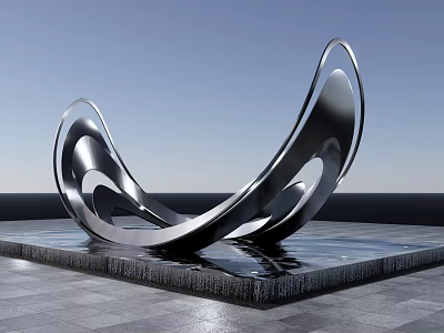 Modern Silver Metal Sculpture Curved Wave Design Placed on Water Platform with Blue Sky Background 3d model