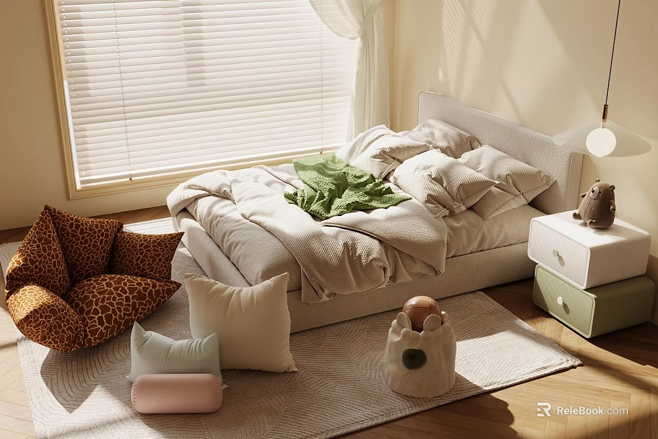 White Kids Bed With Soft Pillows Stuffed Toy And Nightstand In Cozy Room With Soft Light 3d model 