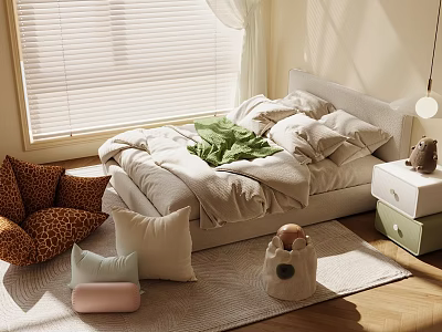 White Kids Bed With Soft Pillows Stuffed Toy And Nightstand In Cozy Room With Soft Light 3d model