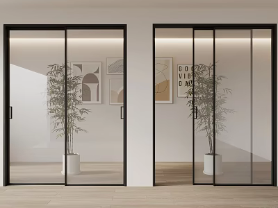 Modern Glass Folding Doors With Black Frames In Interior Space With Decorative Plants And Art 3d model