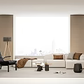 Modern Sofa Coffee Table Set In Living Room With Black Chair Floor Lamp City View