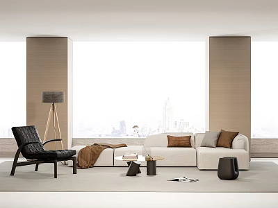 Modern Sofa Coffee Table Set In Living Room With Black Chair Floor Lamp City View 3d model