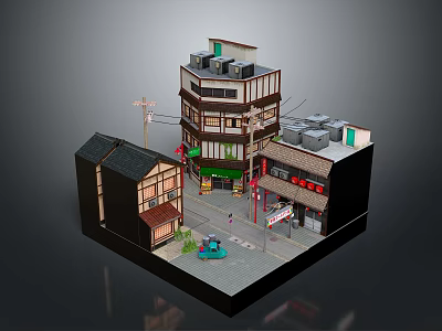Cartoon Town Scene With Multi Story Buildings Shops Street And Green Car 3d model