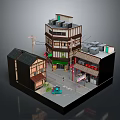 Cartoon Town Scene With Multi Story Buildings Shops Street And Green Car