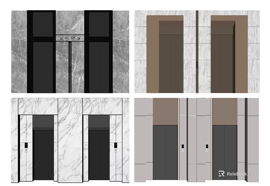 Elevator Lobby Design With Marble Wall Panels And Black Brown Gray Doors 3d model