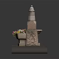 Colorful Potted Flowers Near Stone Tower And Basin On Brick Base Decorative Scene