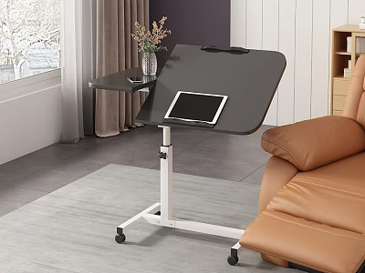 Modern C-shaped Side Table with Wheels in Living Room Beside Sofa Holding Tablet and Vase 3d model