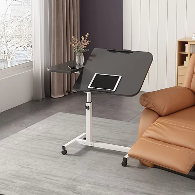 Modern C-shaped Side Table with Wheels in Living Room Beside Sofa Holding Tablet and Vase 3d model