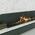 Modern Fireplace Design With Marble Background Black Grille Flames And Towels On Countertop Cabinets Below