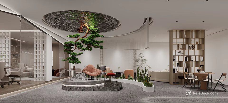 Modern Interior Space With Circular Ceiling Water Feature Central Pine Tree And Comfortable Furniture 3d model 