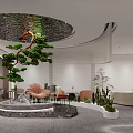 Modern Interior Space With Circular Ceiling Water Feature Central Pine Tree And Comfortable Furniture