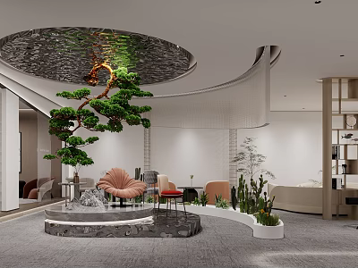 Modern Interior Space With Circular Ceiling Water Feature Central Pine Tree And Comfortable Furniture 3d model