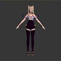 Anime Style Female 3D Character With Cat Ears Purple Outfit Black Leggings Pink Shoes