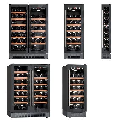 Modern Black Glass Door Wine Refrigerators With Multiple Bottle Shelves And Various Models 3d model