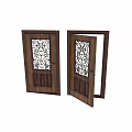 Elegant Wooden Swing Door With Intricate Wrought Iron Pattern Glass Panels Design
