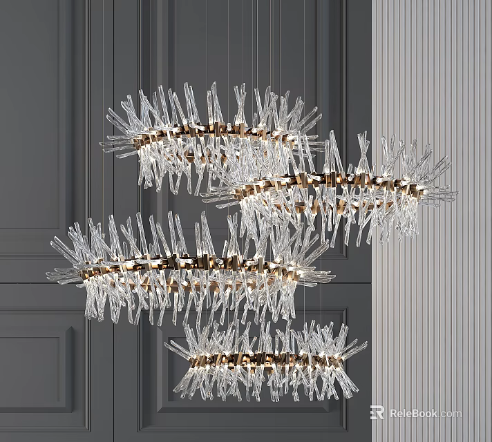 Modern Crystal Chandeliers With Spike Like Elements And Brass Frame In Elegant Interior 3d model