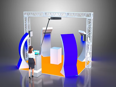 Exhibition Booth With White Metal Frame Blue Curved Structures Orange Floor And Woman At 3d model