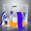 Exhibition Booth With White Metal Frame Blue Curved Structures Orange Floor And Woman At