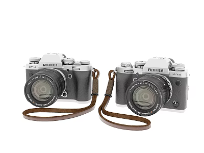 Two Fujifilm Vintage Style Digital Cameras With Leather Straps And Front Facing Lenses 3d model