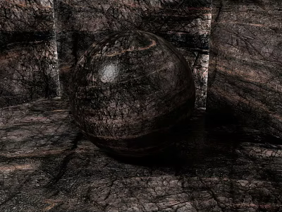 Dark Textured Sphere Component With Rough Stone Background And Floor 3d model