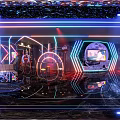 Luxurious KTV Interior With Neon Lights Moon Background Large Screen And Wine Glasses