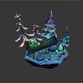 Blue Glowing Pine Trees With Green Mossy Log And Small Stones On Island Base