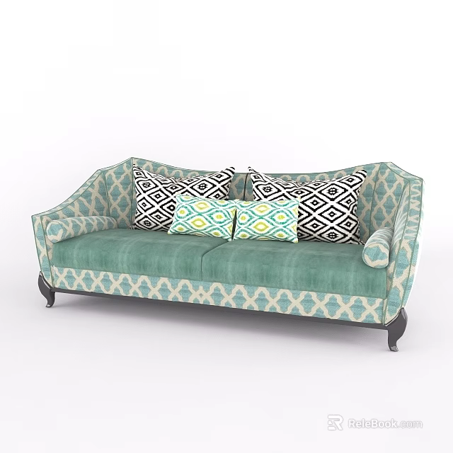 Teal Green Double Sofa with Geometric Pattern and Decorative Cushions 3d model