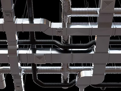 Industrial Metal Pipes in Complex Factory Structure with Support Frames and Mechanical Details 3d model