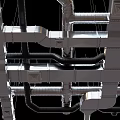 Industrial Metal Pipes in Complex Factory Structure with Support Frames and Mechanical Details