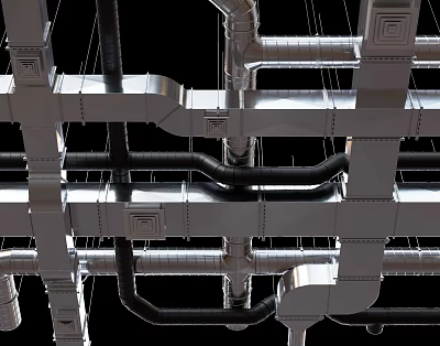 Industrial Metal Pipes in Complex Factory Structure with Support Frames and Mechanical Details 3d model