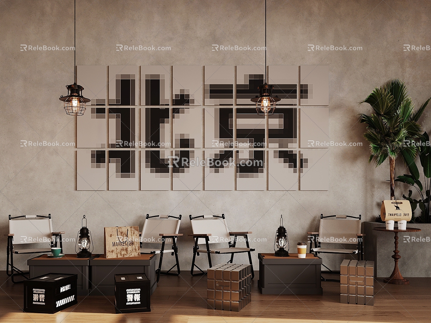 Industrial Style Cafe Rest Area Camping Chair Coffee Table and Chair Industrial Style Chandelier Industrial Style Wall Decoration Coffee Milk Tea Green Planting Edge Table 3d model