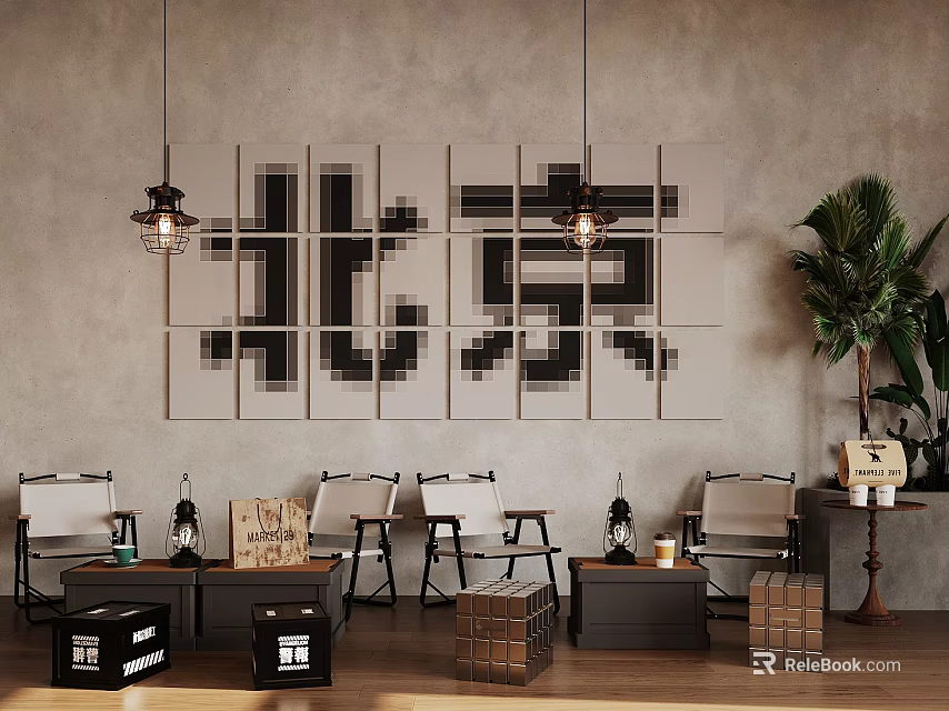 Beijing Themed Café Interior Featuring Pixel Art Characters Gray Wall Hanging Lamps And Green Plants 3d model 