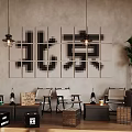 Beijing Themed Café Interior Featuring Pixel Art Characters Gray Wall Hanging Lamps And Green Plants
