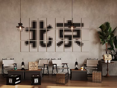 Beijing Themed Café Interior Featuring Pixel Art Characters Gray Wall Hanging Lamps And Green Plants 3d model