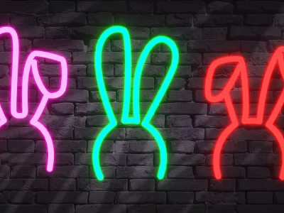 Rabbit Ear Shaped Neon Decorative Lights in Pink Green Red Colors on Brick Wall Background 3d model