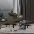 Beige Leisure Chair with Ottoman Grey Blanket Modern Luxury Side Table Lamp Greenery Bright Room