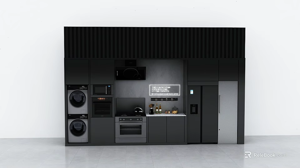 Modern Black Kitchen Interior With Ribbed Wall Integrated Appliances And Cabinets 3d model 