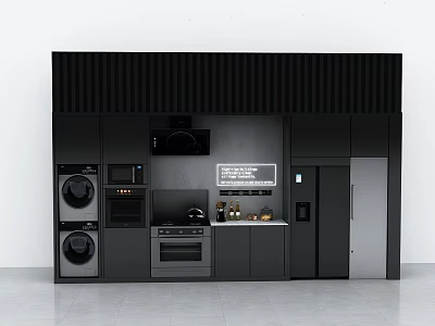 Modern Black Kitchen Interior With Ribbed Wall Integrated Appliances And Cabinets 3d model