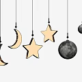 Illuminated Crescent Star Moon Pendant Lights With Golden Hooks On Black Wall