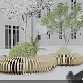 Circular Wooden Landscape Seats with Green Plants in Outdoor Space with White Building and Trees