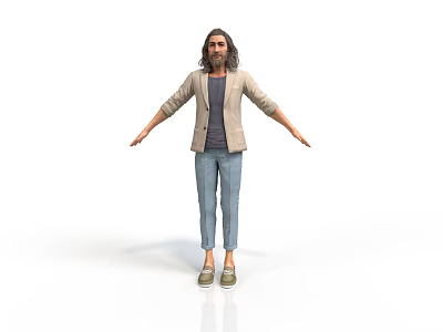 Man With Long Hair Wearing Beige Jacket Gray T-shirt Blue Pants Beige Shoes Arms Outstretched 3d model