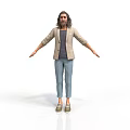 Man With Long Hair Wearing Beige Jacket Gray T-shirt Blue Pants Beige Shoes Arms Outstretched