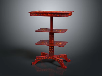 Ornate Red Three Tiered Storage Shelf With Decorative Patterns And Curved Legs 3d model