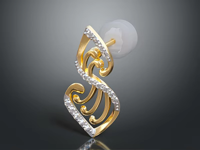 Elegant Gold Earrings With Curved Design Sparkling Diamonds And White Sphere Jewelry 3d model