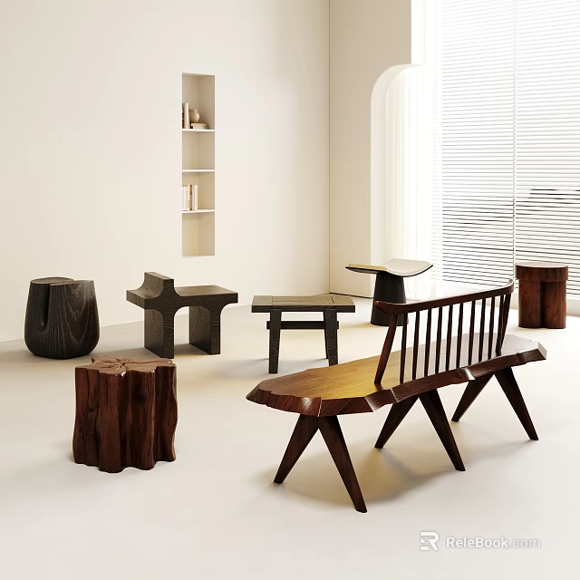 Various Wooden Stools With Modern Designs For Home Interior Decor 3d model 