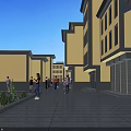 Traditional Style Commercial Street Featuring Yellow Gray Buildings Spacious Pedestrian Walkway Pedestrians Green Plants Storefronts