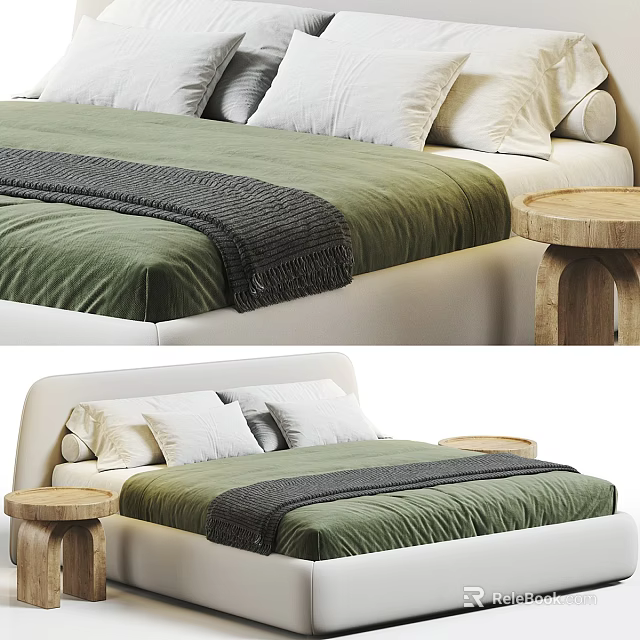 Cozy Double Bed with Green Bedspread Gray Blanket and White Pillows and Wooden Side Table 3d model 