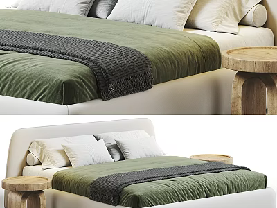 Cozy Double Bed with Green Bedspread Gray Blanket and White Pillows and Wooden Side Table 3d model
