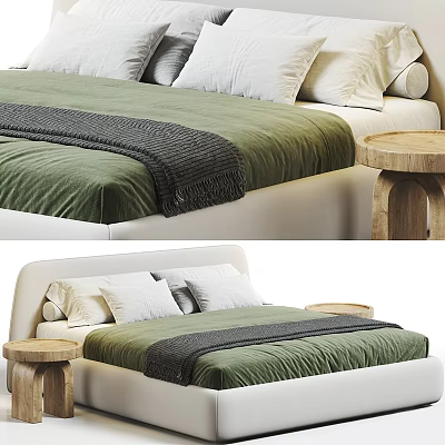 Cozy Double Bed with Green Bedspread Gray Blanket and White Pillows and Wooden Side Table 3d model